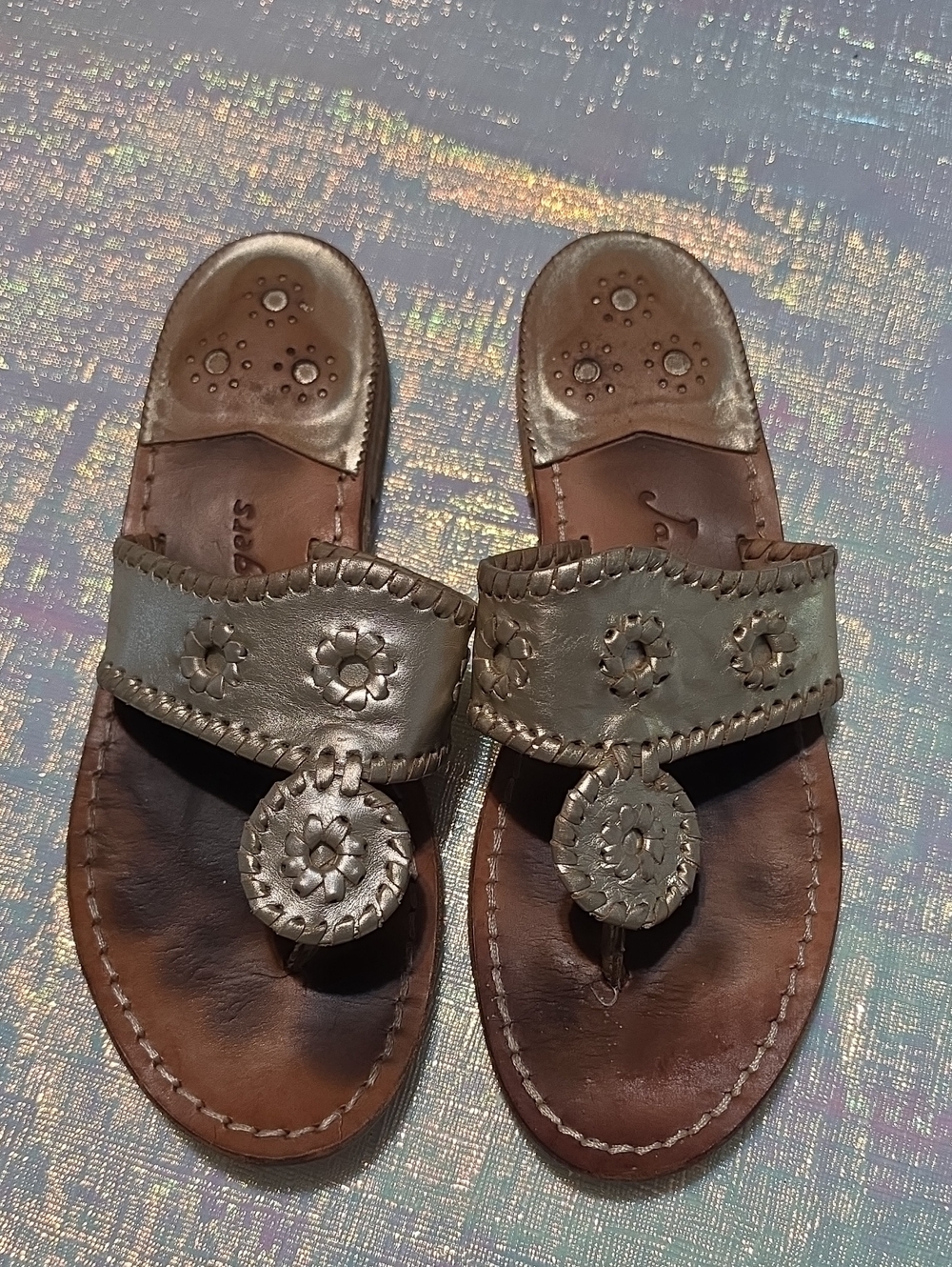 Womens Metallic Platinum Leather Slide Sandals